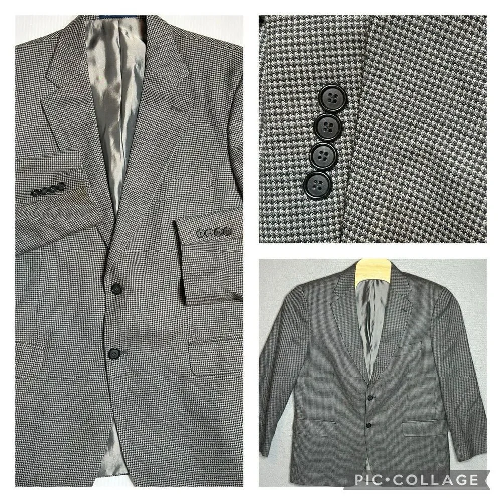 Alan Flusser Mens 42 S Blazer‎ Gray Houndstooth Silk/ Wool Blend Sport Coat